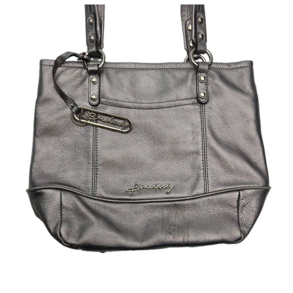 B Makowsky Purse Shoulder Bag Leather Pewter Silver Double Strap Magnetic 10x13